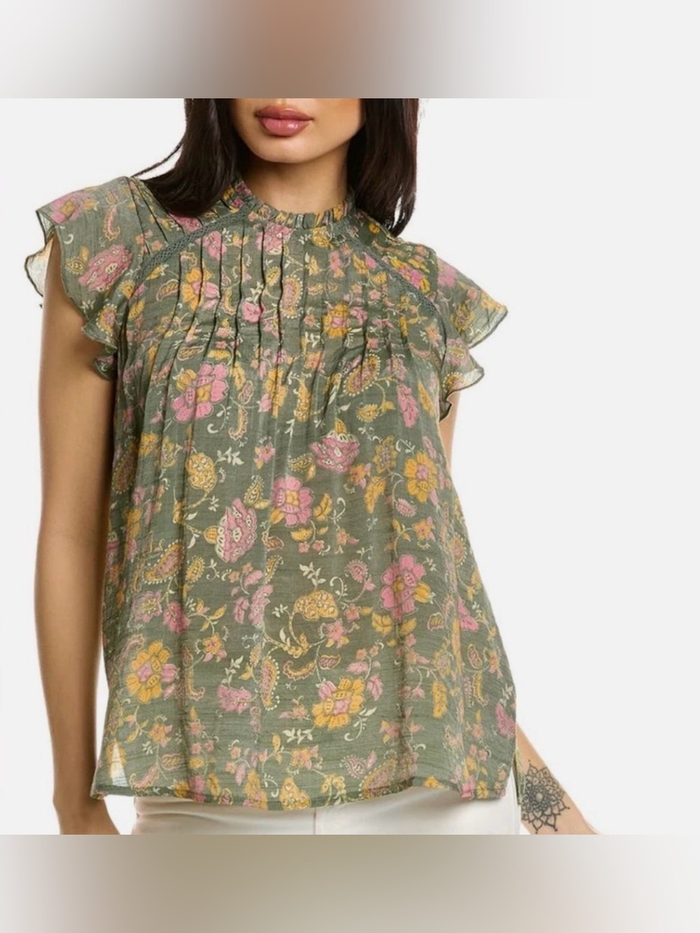 Nanette Lepore Floral Cap Sleeve Flutter Top Size Large